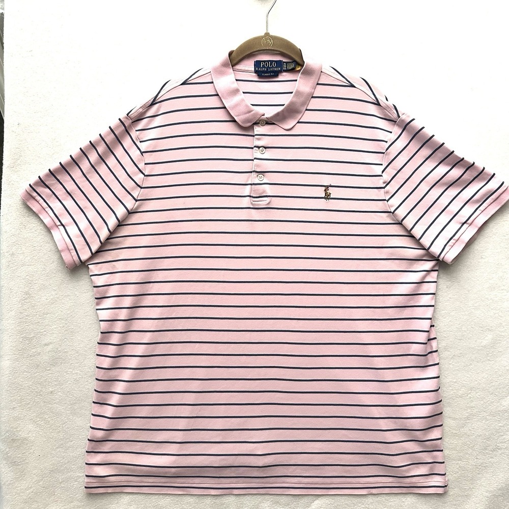 Polo Ralph Lauren XL Classic Fit Polo Shirt Pink Flesh Pony Striped Short Sleeve